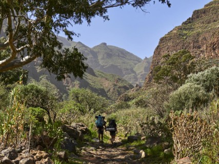 Hikers in the Barranco de Guayadeque, Gran Canaria, Spain, Europe
