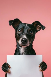 Dog holding empty white sign in front of pink studio background. KI generiert, generiert, AI