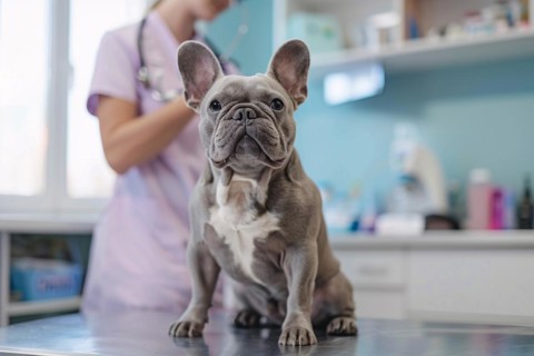 Bulldog dog at vet. Sitting on examination table at veterinary practice clinic. KI generiert,
