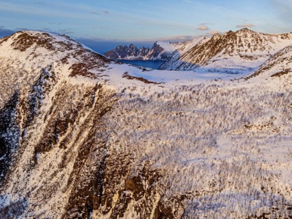 Aerial view of a fell and Bergen, winter, view of Tungeneset, Senja, Troms, Norway, Europe
