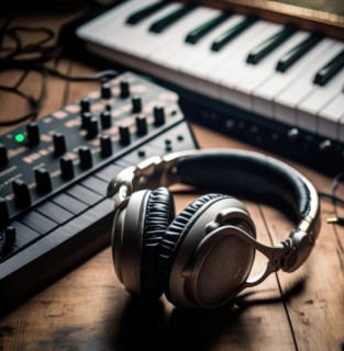 Professional headphones in the recording studio. Music and sound concept. Generative AI image, AI