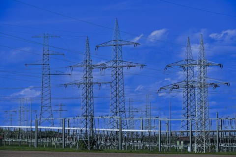 Power pylons with high-voltage lines at the Avacon substation in Helmstedt, Helmstedt, Lower
