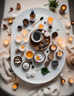 Serene spa setting captured from above, featuring candles, essential oils, and natural elements, AI