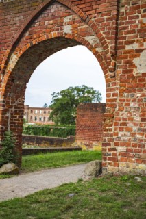 Medieval gate ruins, entrance to the castle and monastery park in Dargun, Mecklenburg Lake