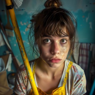 Girl with paint splashes on her face stands surprised in a room in need of renovation, no desire to