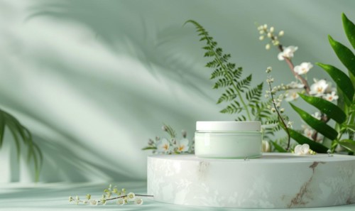 Aloe vera gel product promotion featuring a blank jar mockup showcased on a marble produce podium