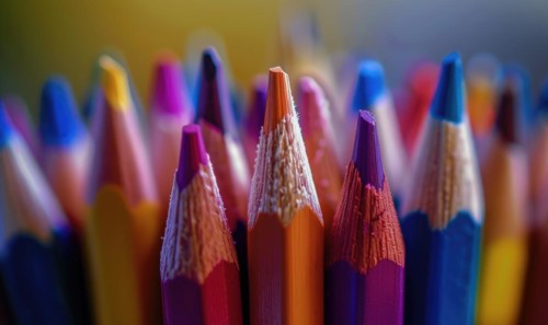 Close-up of a bunch of colored pencils, abstract background with colored pencils macro view AI