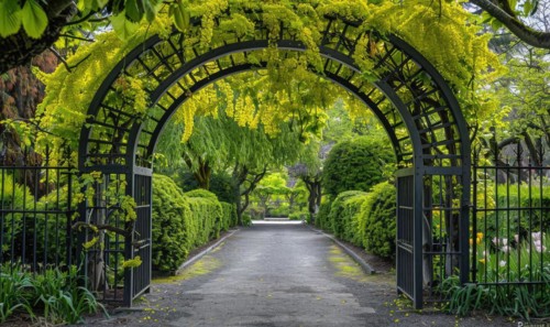 Laburnum tree branches forming an archway over a garden gate AI generated