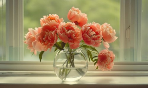A vase filled with coral peonies on a windowsill AI generated