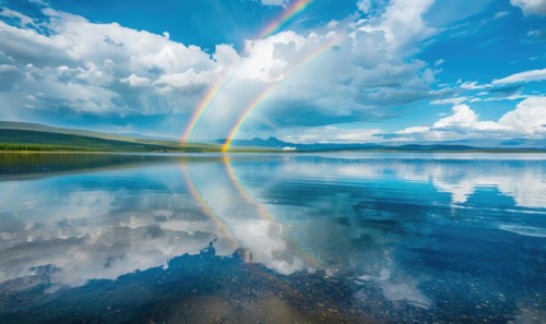 A vibrant rainbow stretching across the sky after a passing rain shower AI generated