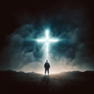 Silhouetted figure stands mesmerized by an intense celestial light in a dark, starlit landscape, AI