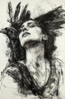 A stylised drawing of a woman in symbiosis with a crow, dramatic in black and white, raven woman,