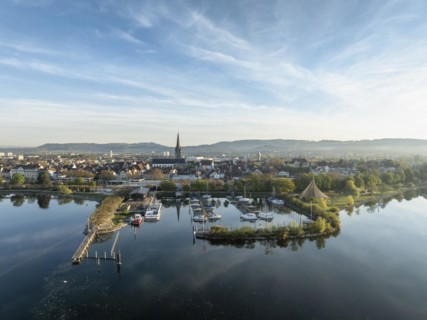 Aerial view of the town of Radolfzell on Lake Constance in spring-like vegetation with the