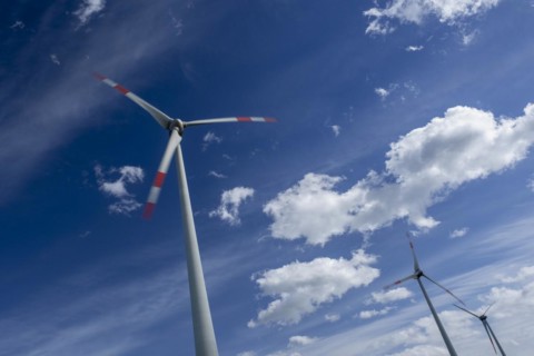 Wind turbines near the Avacon substation Helmstedt, Helmstedt, Lower Saxony, Germany, Europe