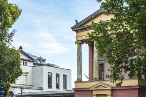 Reading Museum, a neoclassical building modelled on an ancient Greek temple, on Goetheplatz in the