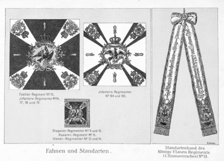 Plate with various military flags and standards, Fusilier Regiment, Infantry, Dragoons, Hussars,