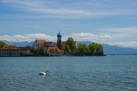 Baroque Church of St George and Castle, moated castle, Lake Constance, Bavaria, Germany, Europe