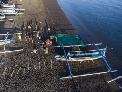 Fishermen unload their catch from their outrigger boat in the morning. Amed, Karangasem, Bali,