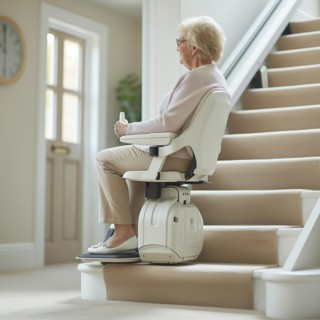 A pensioner rides a stair lift up a flight of stairs, AI generated