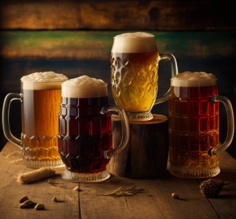 Pale, dark, unfiltered pale and red fruit beer in four different beer glasses on a rustic wooden