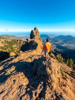 A man looking at the top of Pico de las Nieves in Gran Canaria, Canary Islands. vertical photo