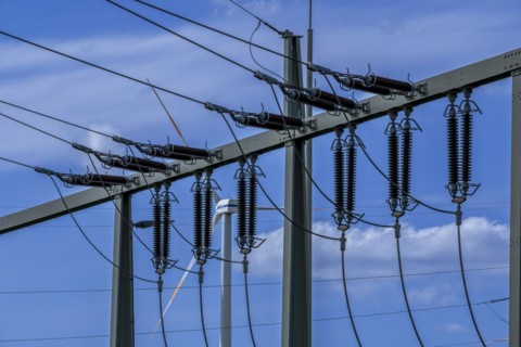 Insulators on high-voltage lines at the Avacon substation in Helmstedt, Helmstedt, Lower Saxony,