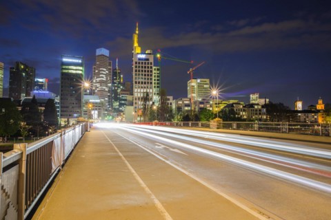 Skyline and banking district after sunset, twilight, Commerzbank, HelaBa, Hessische Landesbank,