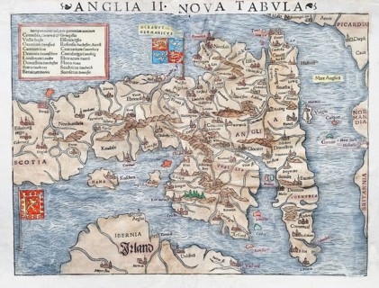 England and Scotland, hand-coloured woodcut map from Sebastian Muenster Cosmographey oder