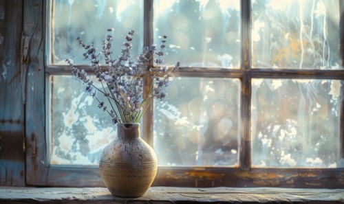 A vintage window sill with a ceramic vase containing lavender flower AI generated
