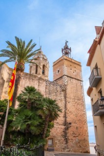 View of the back of the church of St Bartholomew and St Thekla in Sitges, Spain, Europe
