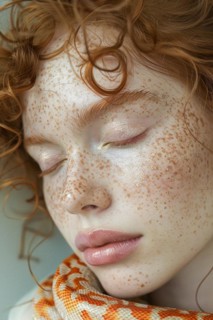 Restful redhead with freckles and a snake around the neck, blurry teal turquoise solid background,