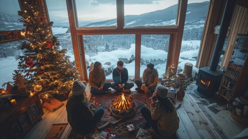 Group of friends enjoying a cozy time by the fireplace with a snowy mountain view outside, AI