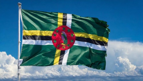 The flag of Dominica, Lesser Antilles, Caribbean, fluttering in the wind, isolated, against the