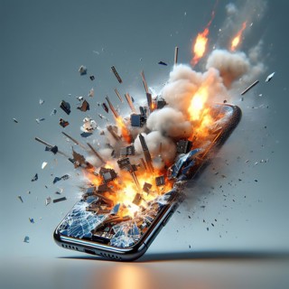 A smartphone shatters in a spectacular explosion, surrounded by fire and smoke, mobile phone