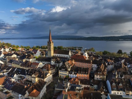 Aerial view of the town of Radolfzell on Lake Constance with the Radolfzell Minster in front of