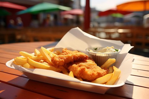 Traditional fish and chips meal in takeout box with sea in background. KI generiert, generiert, AI