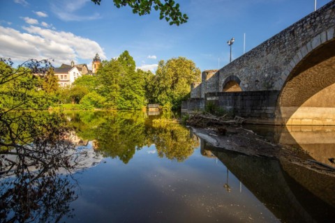 View of an old town, half-timbered houses in a town. Streets and bridges at the river Lahn in the
