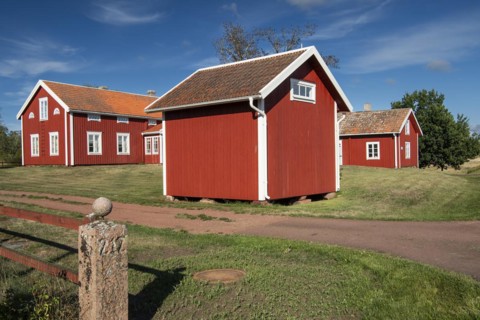 Falun red or Swedish red painted houses, farm, Geta, Aland, or Aland Islands, Gulf of Bothnia,