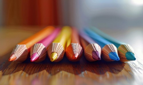 Close-up of a bunch of colored pencils, abstract background with colored pencils macro view AI