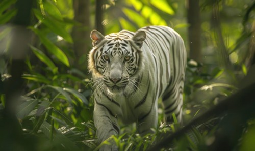 A white tiger prowling through the dense foliage of its natural habitat AI generated
