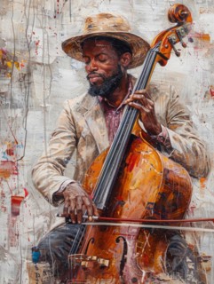 Contemplative musician playing cello featured in a heavily textured painting, AI Generated, AI