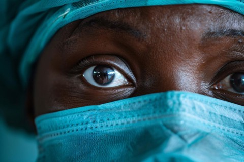 Close up of sad face of black nurse with surgical face mask. KI generiert, generiert, AI generated