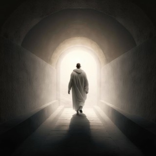 Back view of a person walking towards a bright light at the end of a dark tunnel, AI generated