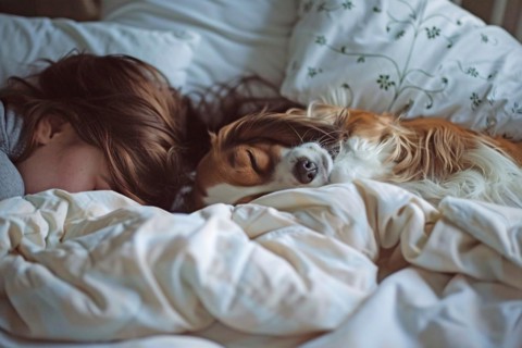 Dog seeping with human owner in bed, KI generiert, generiert, AI generated