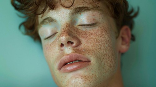 Serene portrait of a redhead with freckles and closed eyes, conveying calmness, blurry teal