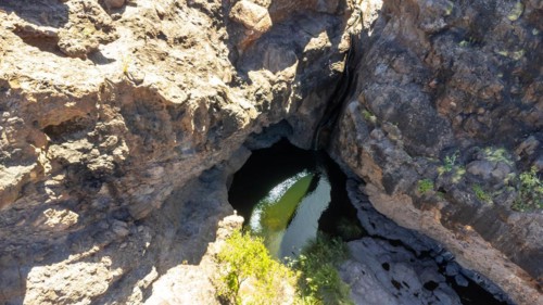 Aerial view of Charco Azul in the Podemos to Agaete in Gran Canaria, Canary Islands