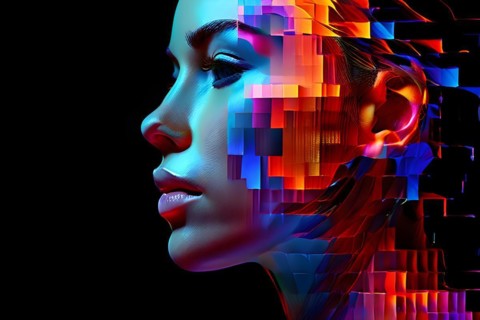 AI generated human portrait transitioning from lifelike human to a pixelated digital effect