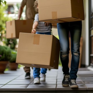 Two people carrying apartment relocation boxes on a pavement in an urban environment, apartment