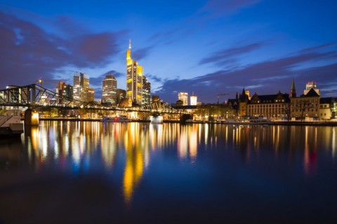 Skyline and banking district after sunset, twilight, Tower 185, Commerzbank, HelaBa, Hessische