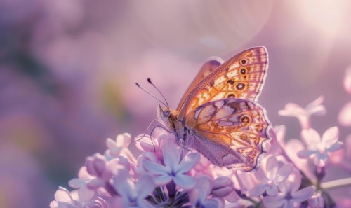 Close-up of a butterfly resting on lilac blossoms AI generated